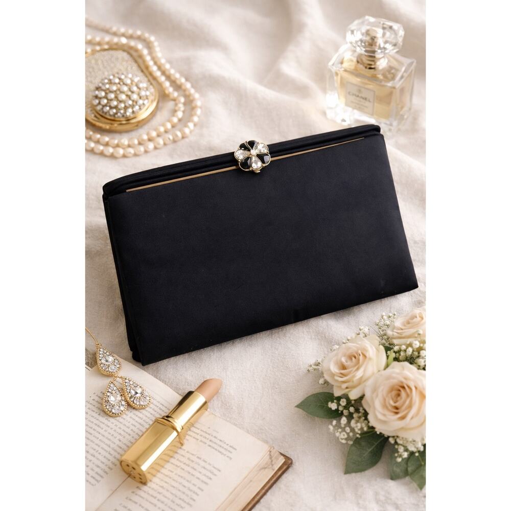 Vintage 1950s Lowy & Mund Spotlite Black Satin Jeweled Clutch L&M by Edwards USA